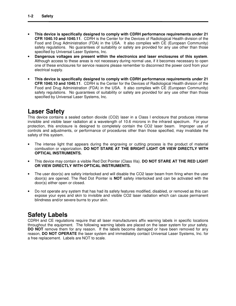 Laser safety, Safety labels | Universal Laser Systems X2-600 User Manual | Page 8 / 121