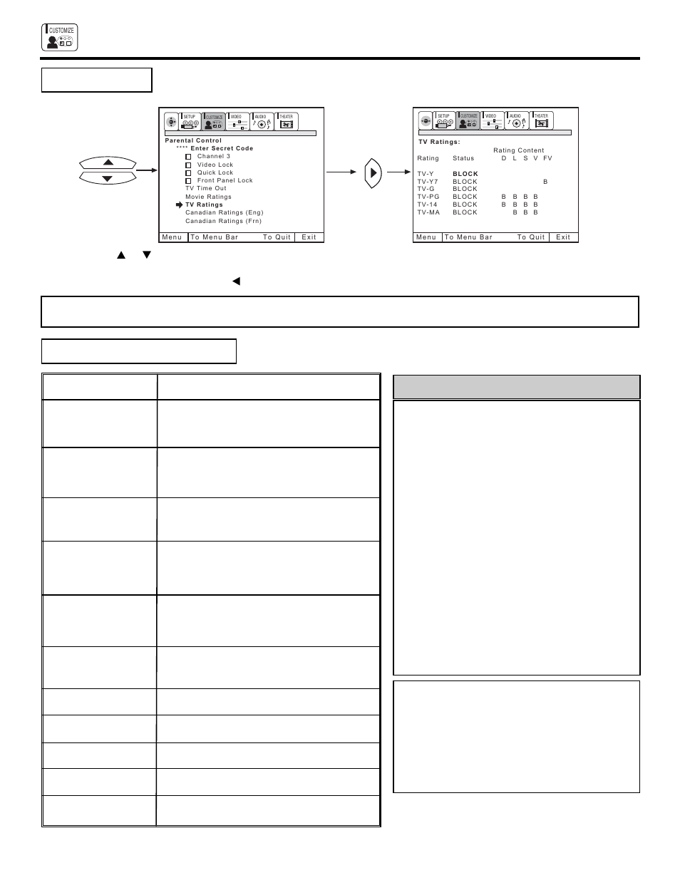 Custom, Customer caution, Nr tv-y tv-y7 tv-g tv-pg tv-14 tv-ma | Ultratec 50DX20B User Manual | Page 44 / 64