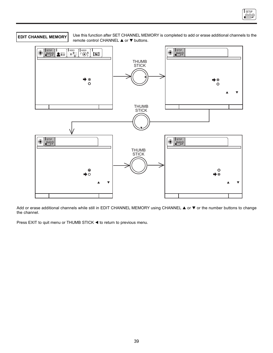 Set up, Thumb stick, Thumb stick thumb stick | Ultratec 43FDX10B User Manual | Page 39 / 68