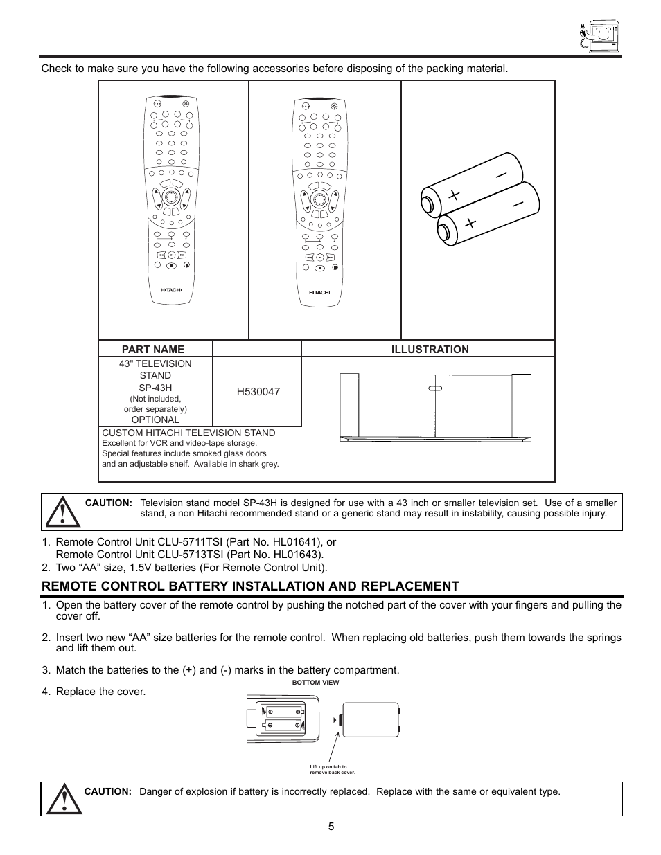 Accessories, Part name part no. illustration, 43" television stand sp-43h | Optional, Custom hitachi television stand, Not included, order separately), Bottom view | Ultratec 43FDX10B User Manual | Page 5 / 68