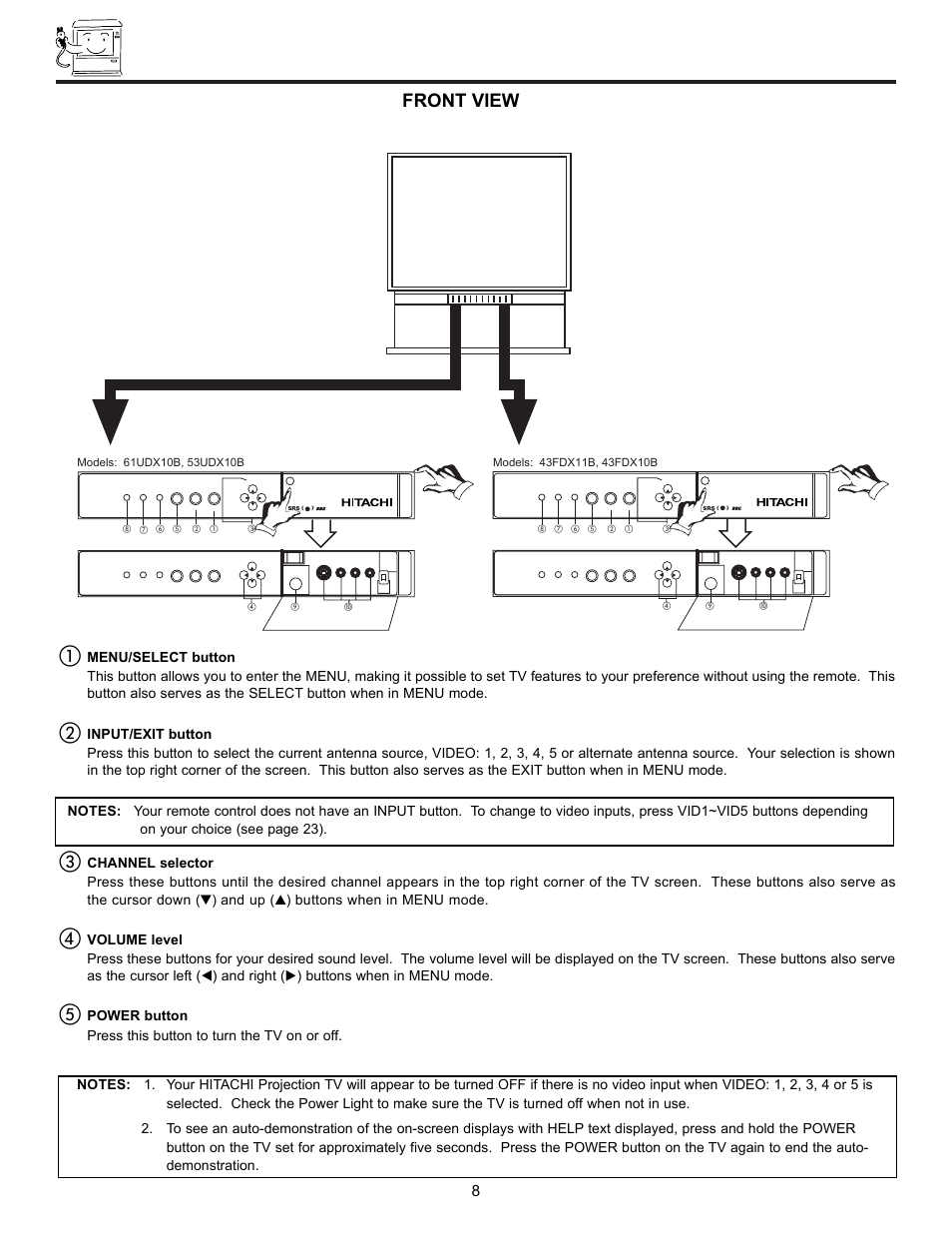 Front panel controls, Front view | Ultratec 43FDX10B User Manual | Page 8 / 68