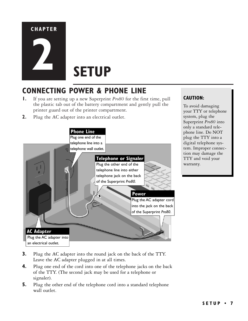 Setup, Connecting power & phone line | Ultratec PRO80TM User Manual | Page 13 / 70