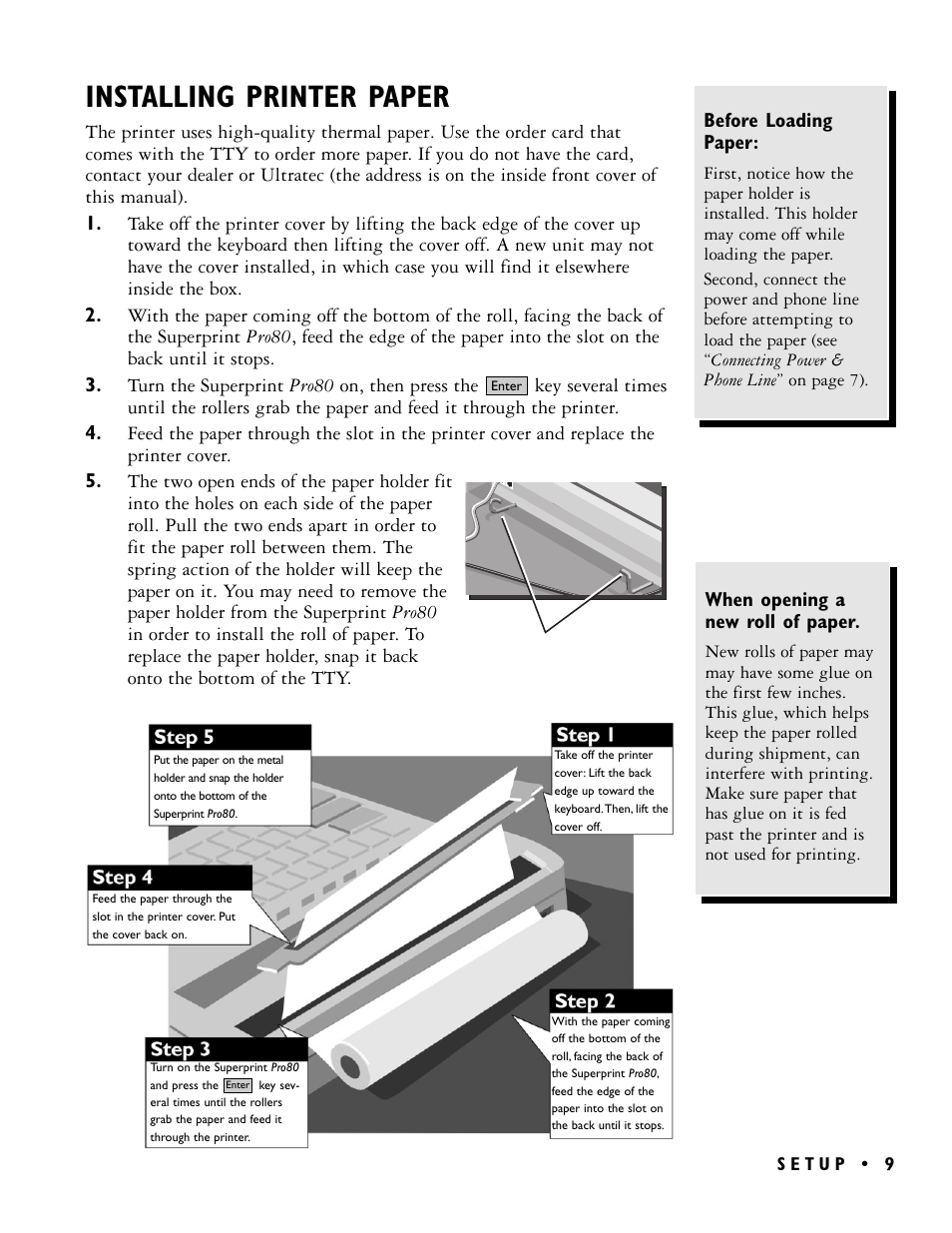 Installing printer paper, Before loading paper, When opening a new roll of paper | Ultratec PRO80TM User Manual | Page 15 / 70