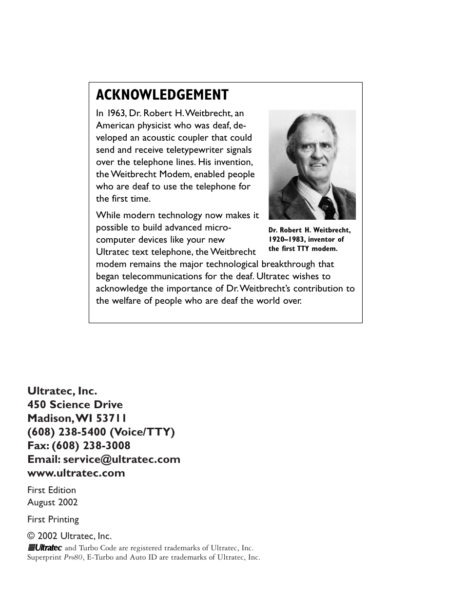 Acknowledgement | Ultratec PRO80TM User Manual | Page 2 / 70