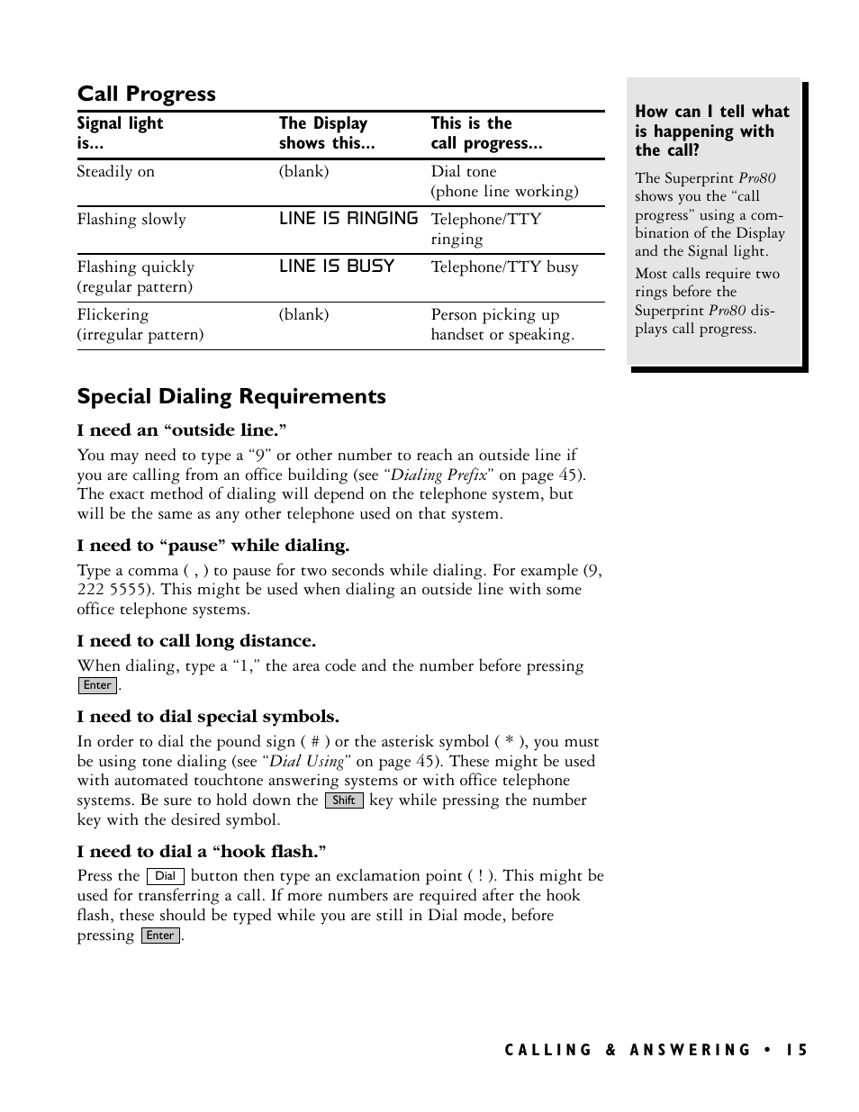 Call progress, Special dialing requirements | Ultratec PRO80TM User Manual | Page 21 / 70