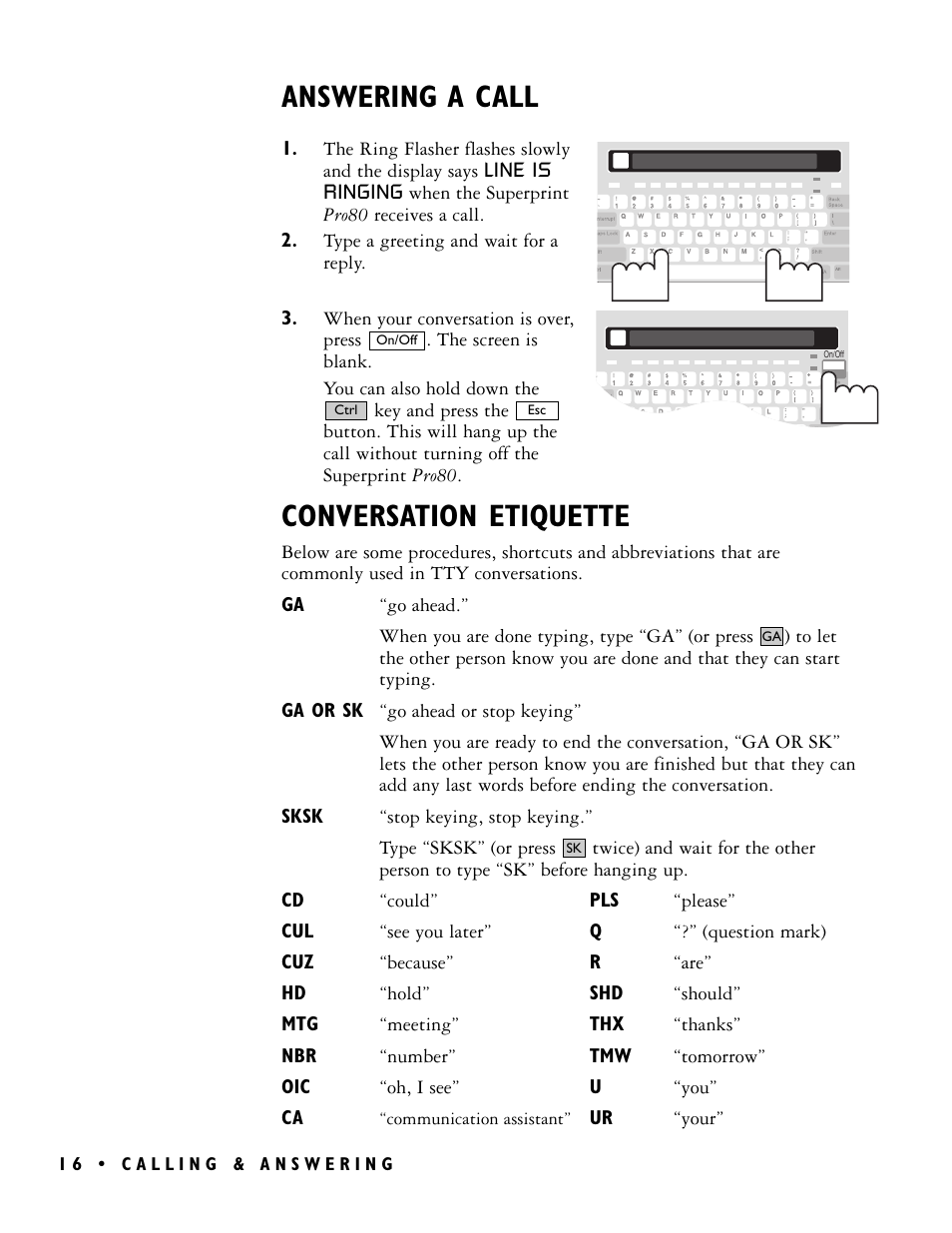 Answering a call, Conversation etiquette | Ultratec PRO80TM User Manual | Page 22 / 70