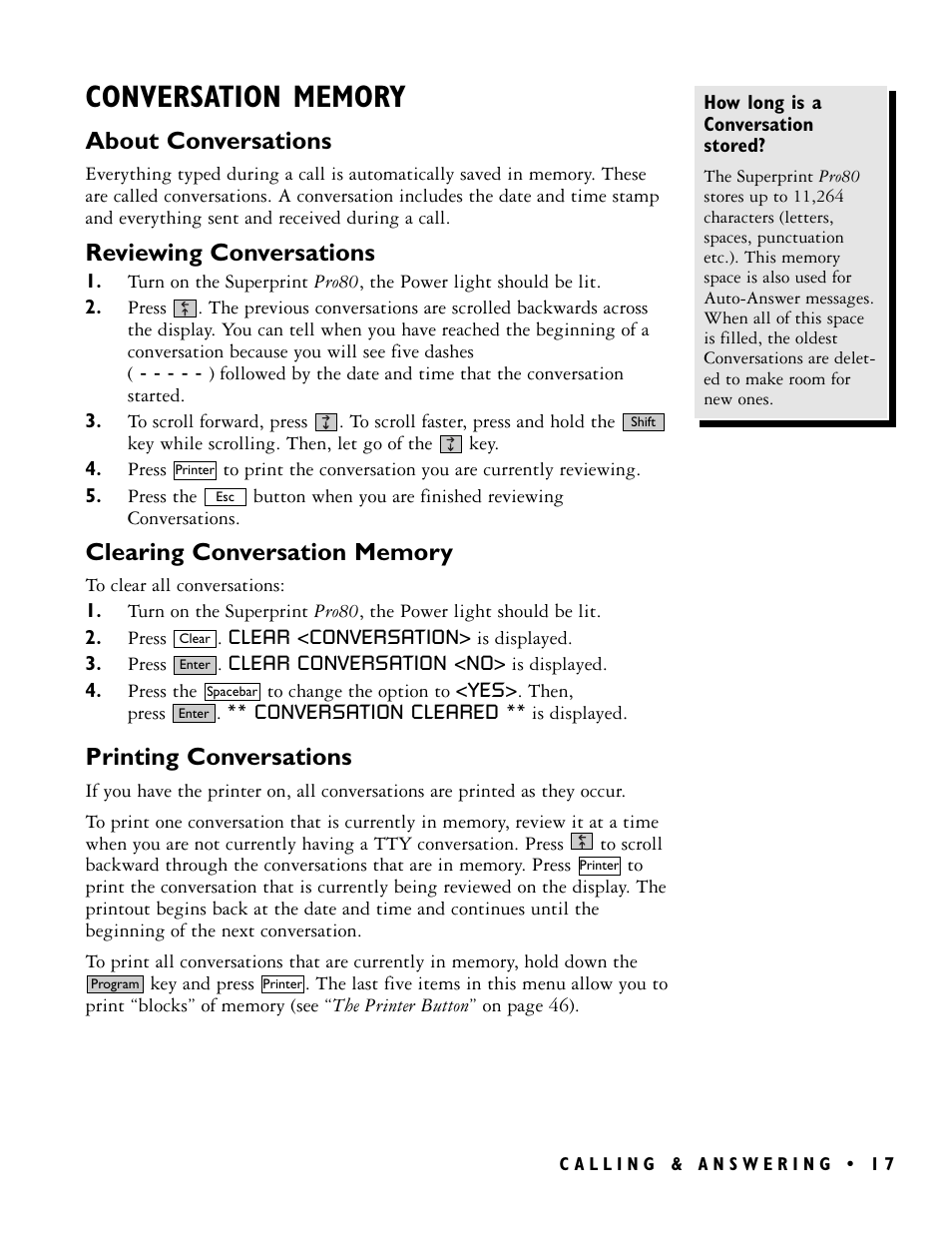 About conversations, Reviewing conversations, Printing conversations | Ultratec PRO80TM User Manual | Page 23 / 70