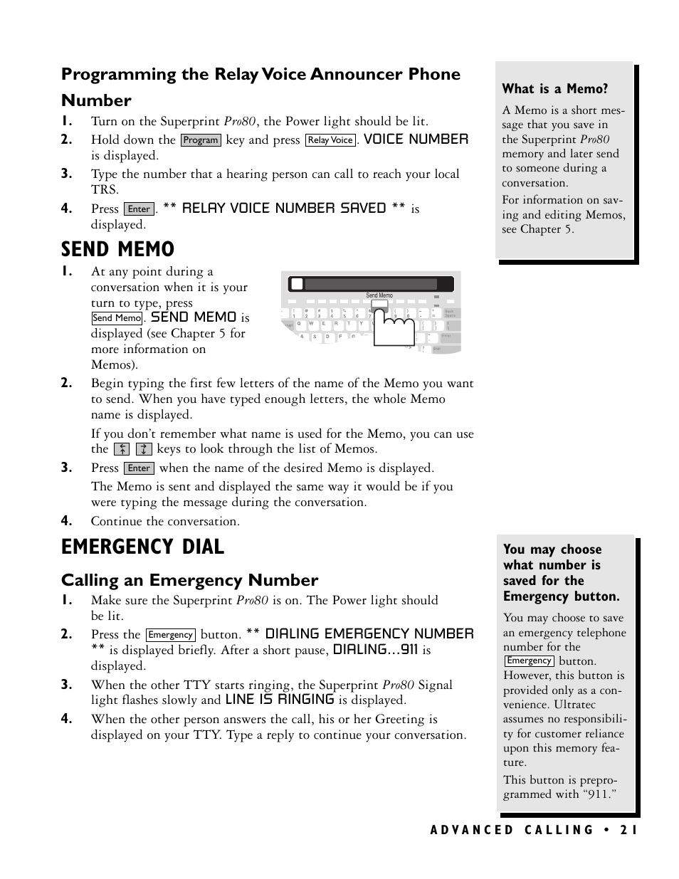 Emergency dial, Programming the relay voice announcer phone number, Calling an emergency number | Ultratec PRO80TM User Manual | Page 27 / 70