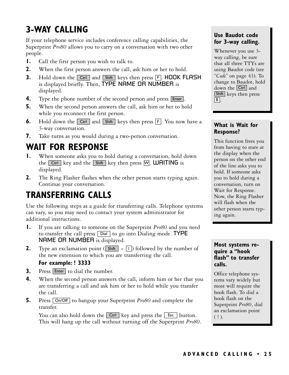 Way calling, Wait for response, Transferring calls | Ultratec PRO80TM User Manual | Page 31 / 70