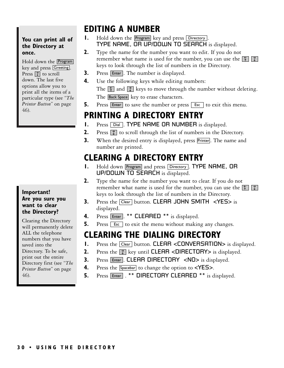 Editing a number, Printing a directory entry, Clearing a directory entry | Clearing the dialing directory | Ultratec PRO80TM User Manual | Page 36 / 70