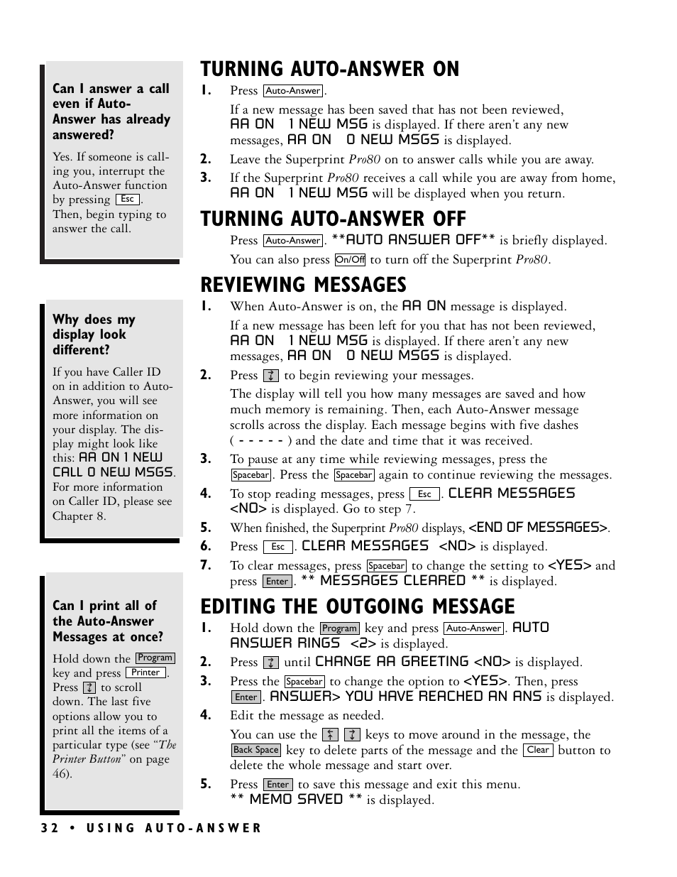 Turning auto-answer on, Turning auto-answer off, Reviewing messages | Editing the outgoing message | Ultratec PRO80TM User Manual | Page 38 / 70