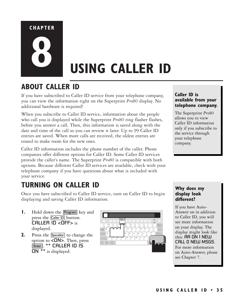 Using caller id, About caller id, Turning on caller id | Ultratec PRO80TM User Manual | Page 41 / 70