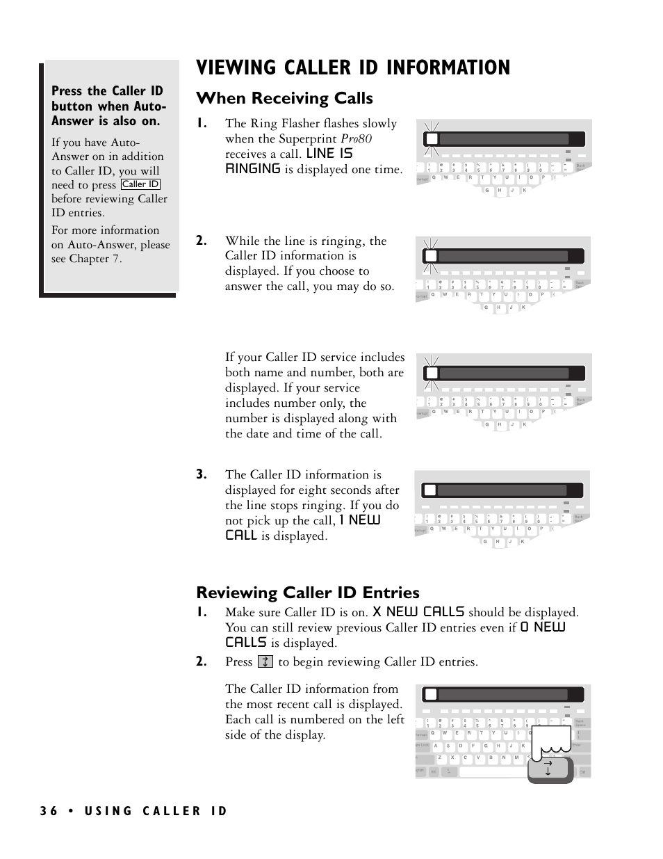 Viewing caller id information, When receiving calls, Reviewing caller id entries | Ultratec PRO80TM User Manual | Page 42 / 70