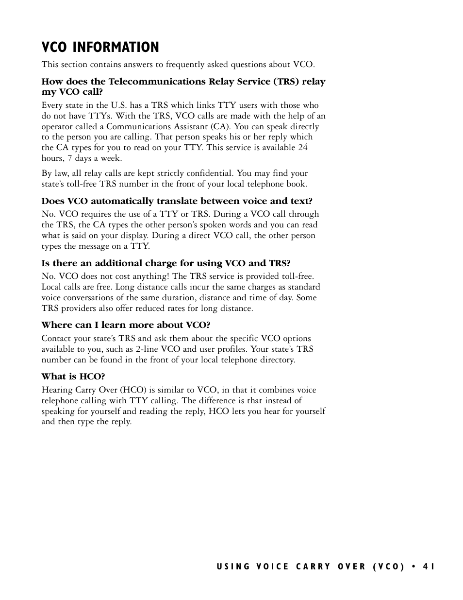 Vco information | Ultratec PRO80TM User Manual | Page 47 / 70