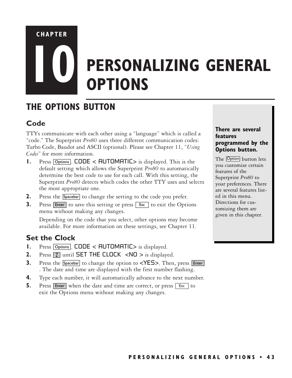 Personalizing general options, The options button | Ultratec PRO80TM User Manual | Page 49 / 70