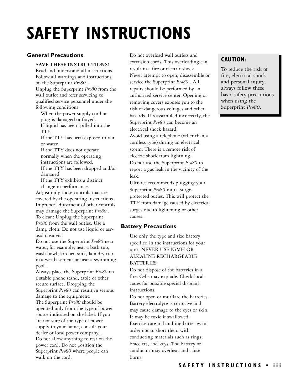 Safety instructions, Caution | Ultratec PRO80TM User Manual | Page 5 / 70