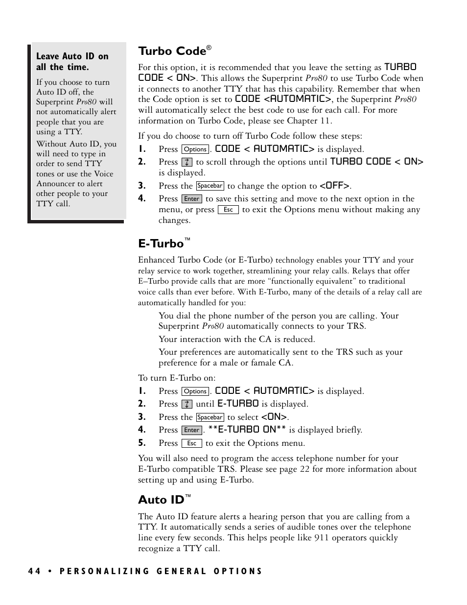 Turbo code, E-turbo, Auto id | Ultratec PRO80TM User Manual | Page 50 / 70