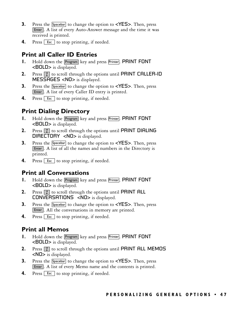 Print all caller id entries, Print dialing directory, Print all conversations | Ultratec PRO80TM User Manual | Page 53 / 70