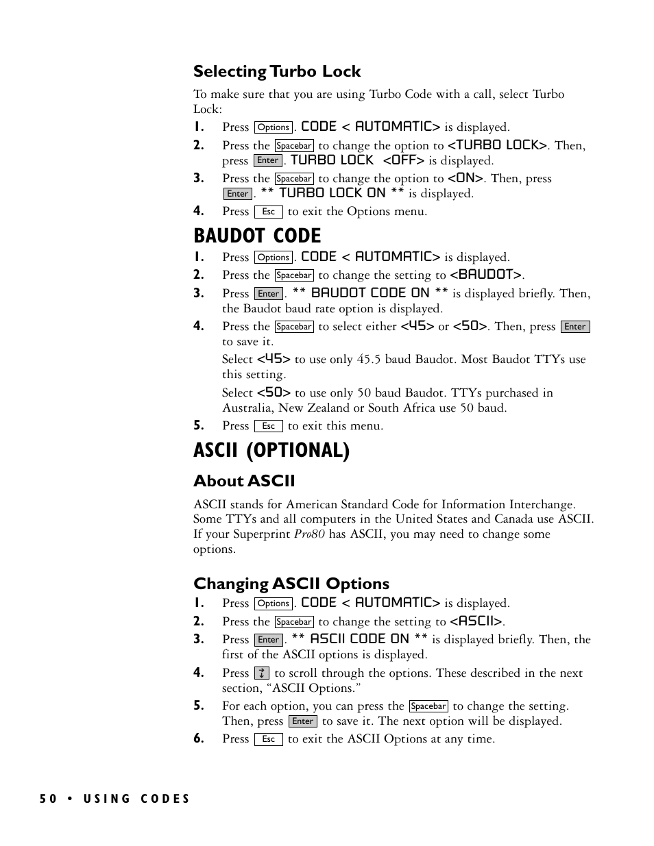 Baudot code, Ascii (optional), Selecting turbo lock | About ascii, Changing ascii options | Ultratec PRO80TM User Manual | Page 56 / 70