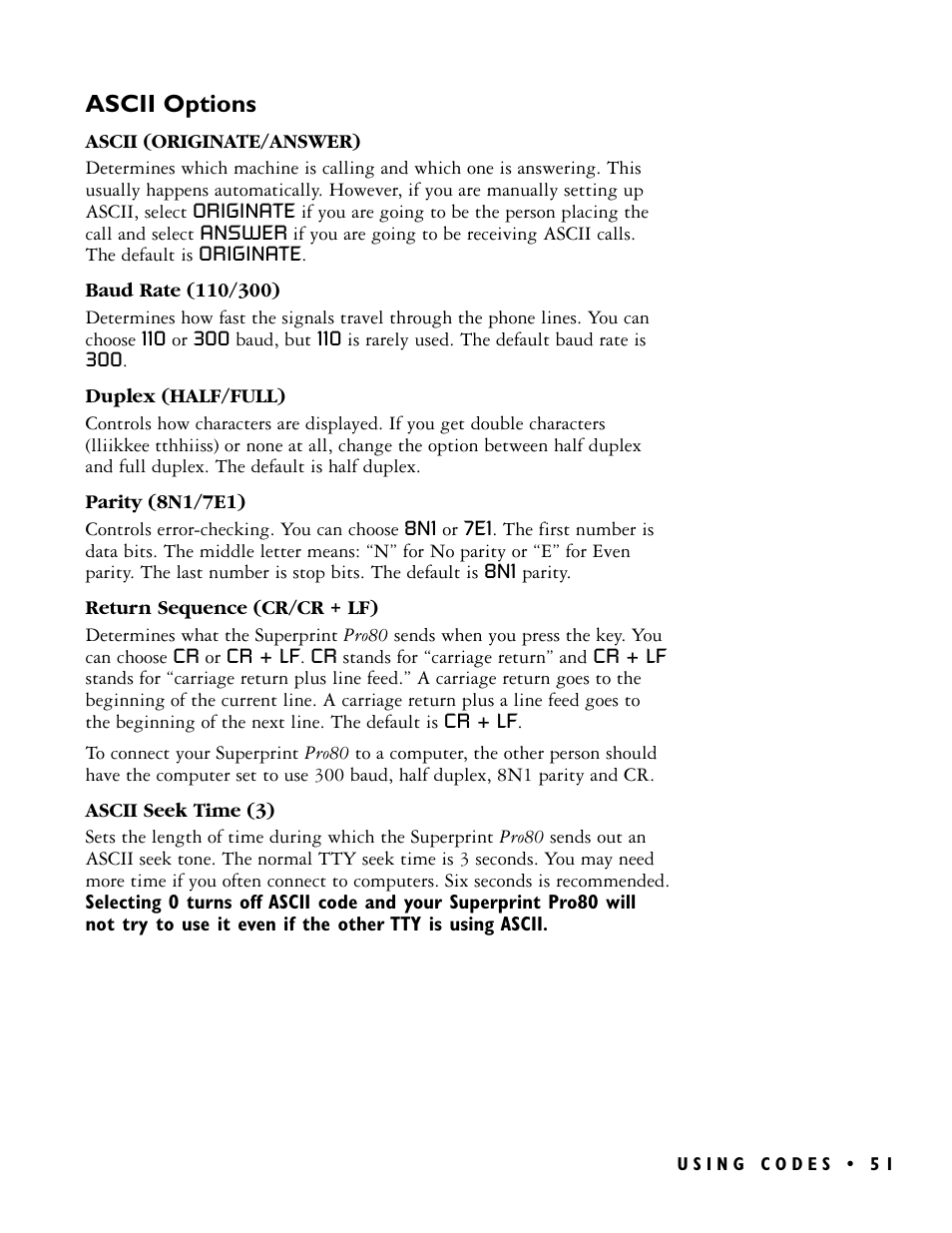 Ascii options | Ultratec PRO80TM User Manual | Page 57 / 70