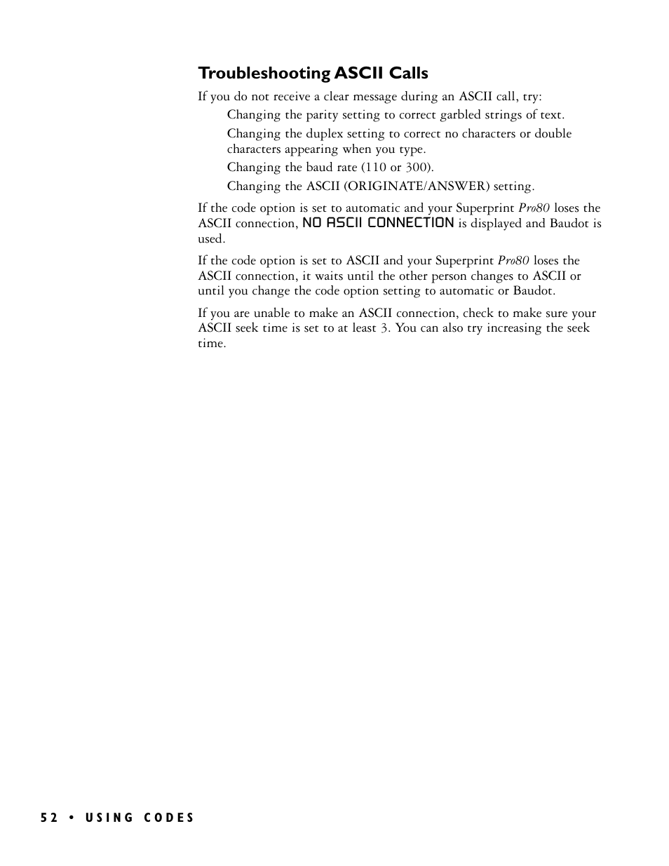 Troubleshooting ascii calls | Ultratec PRO80TM User Manual | Page 58 / 70