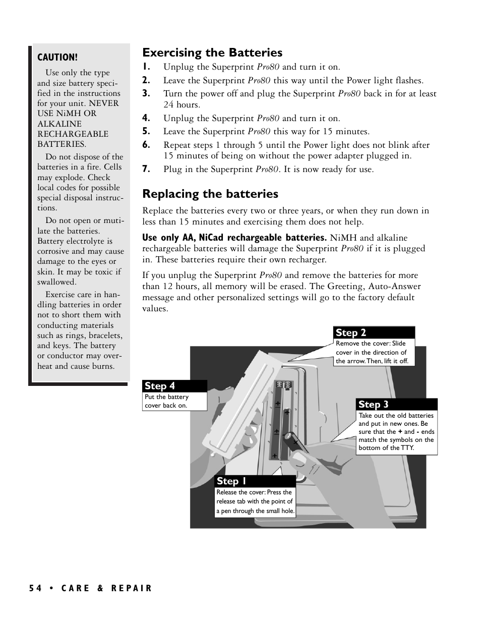 Exercising the batteries, Replacing the batteries | Ultratec PRO80TM User Manual | Page 60 / 70
