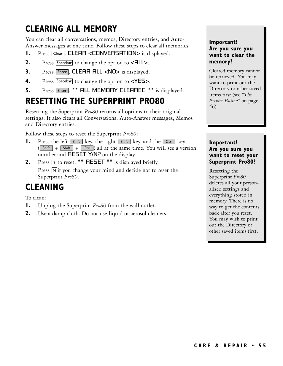 Resetting the superprint pro80, Cleaning | Ultratec PRO80TM User Manual | Page 61 / 70