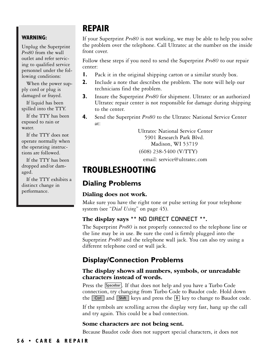 Repair, Troubleshooting, Dialing problems | Display/connection problems | Ultratec PRO80TM User Manual | Page 62 / 70