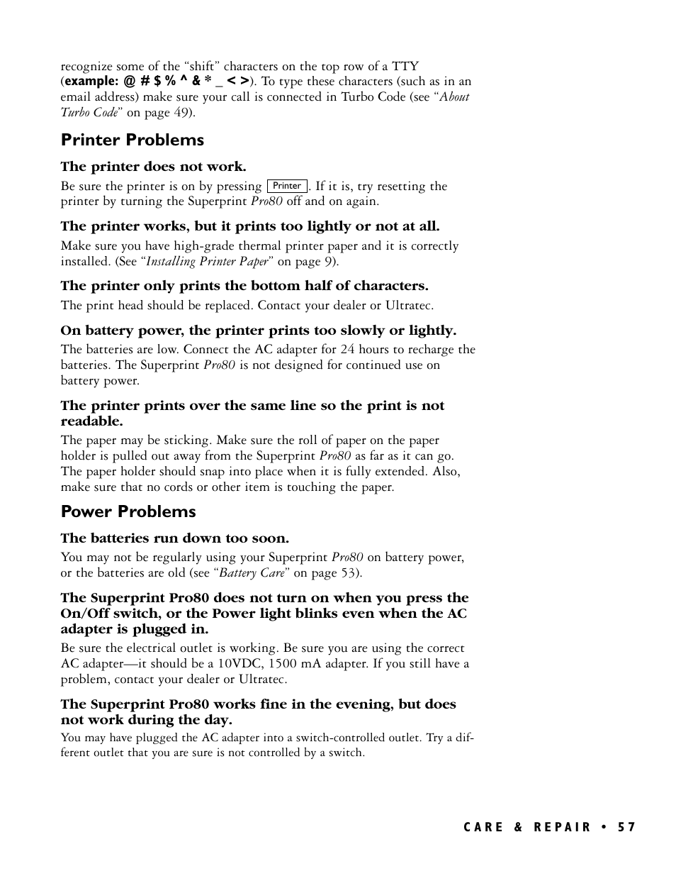 Printer problems, Power problems | Ultratec PRO80TM User Manual | Page 63 / 70