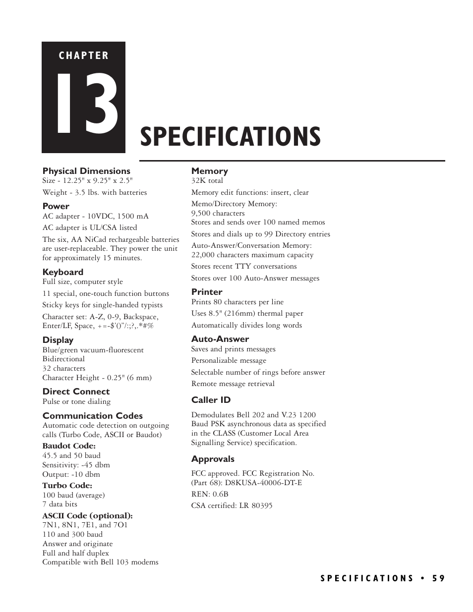 Specifications | Ultratec PRO80TM User Manual | Page 65 / 70