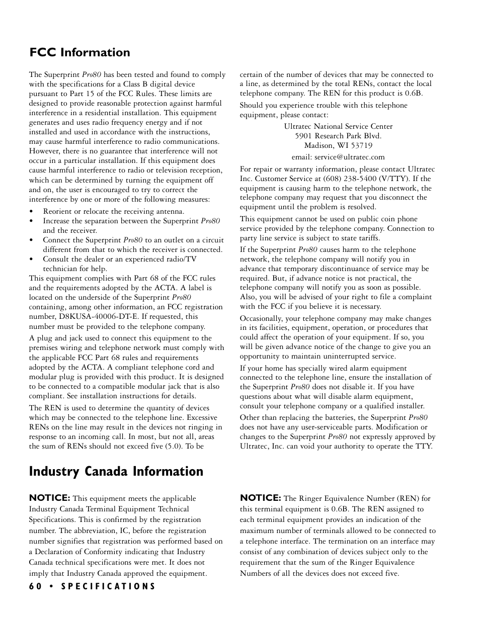 Industry canada information, Fcc information | Ultratec PRO80TM User Manual | Page 66 / 70