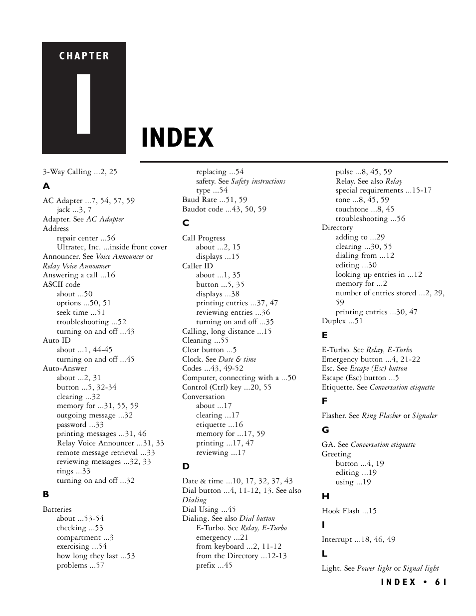 Index | Ultratec PRO80TM User Manual | Page 67 / 70