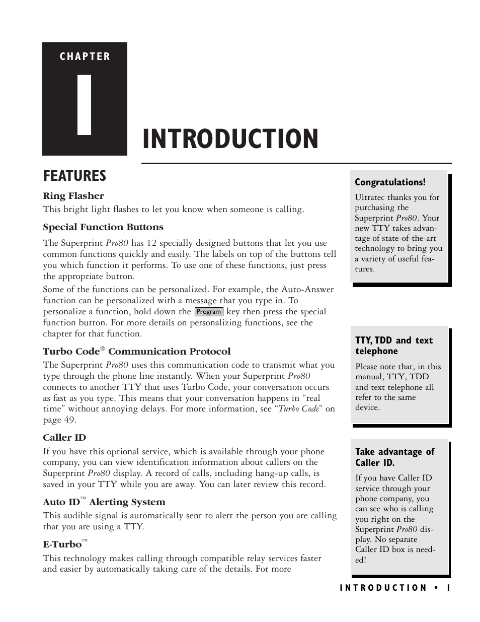 Introduction, Features | Ultratec PRO80TM User Manual | Page 7 / 70