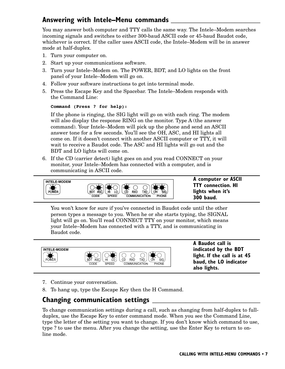 Answering with intele–menu commands, Changing communication settings | Ultratec INTELE-MODEM User Manual | Page 11 / 32