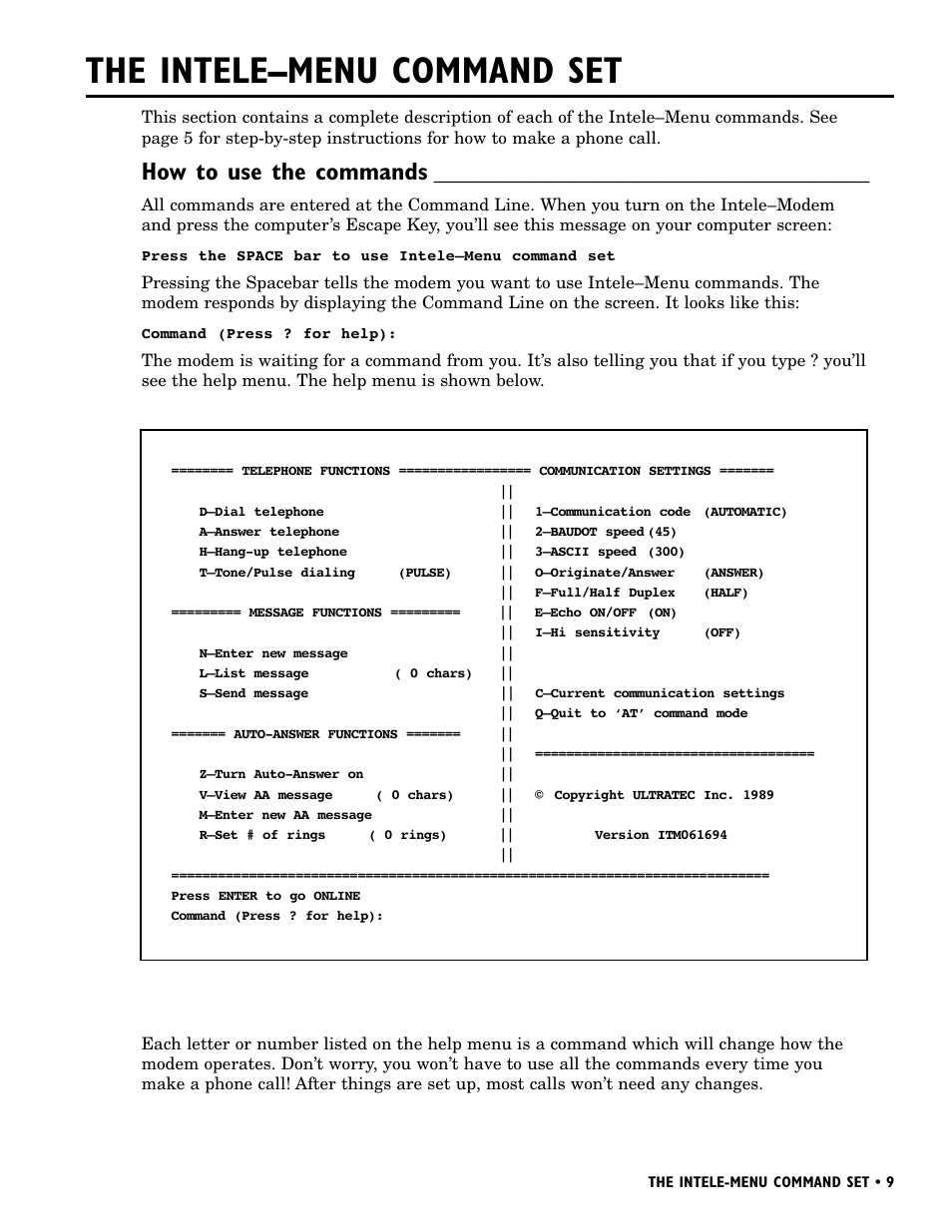 The intele–menu command set, How to use the commands | Ultratec INTELE-MODEM User Manual | Page 13 / 32