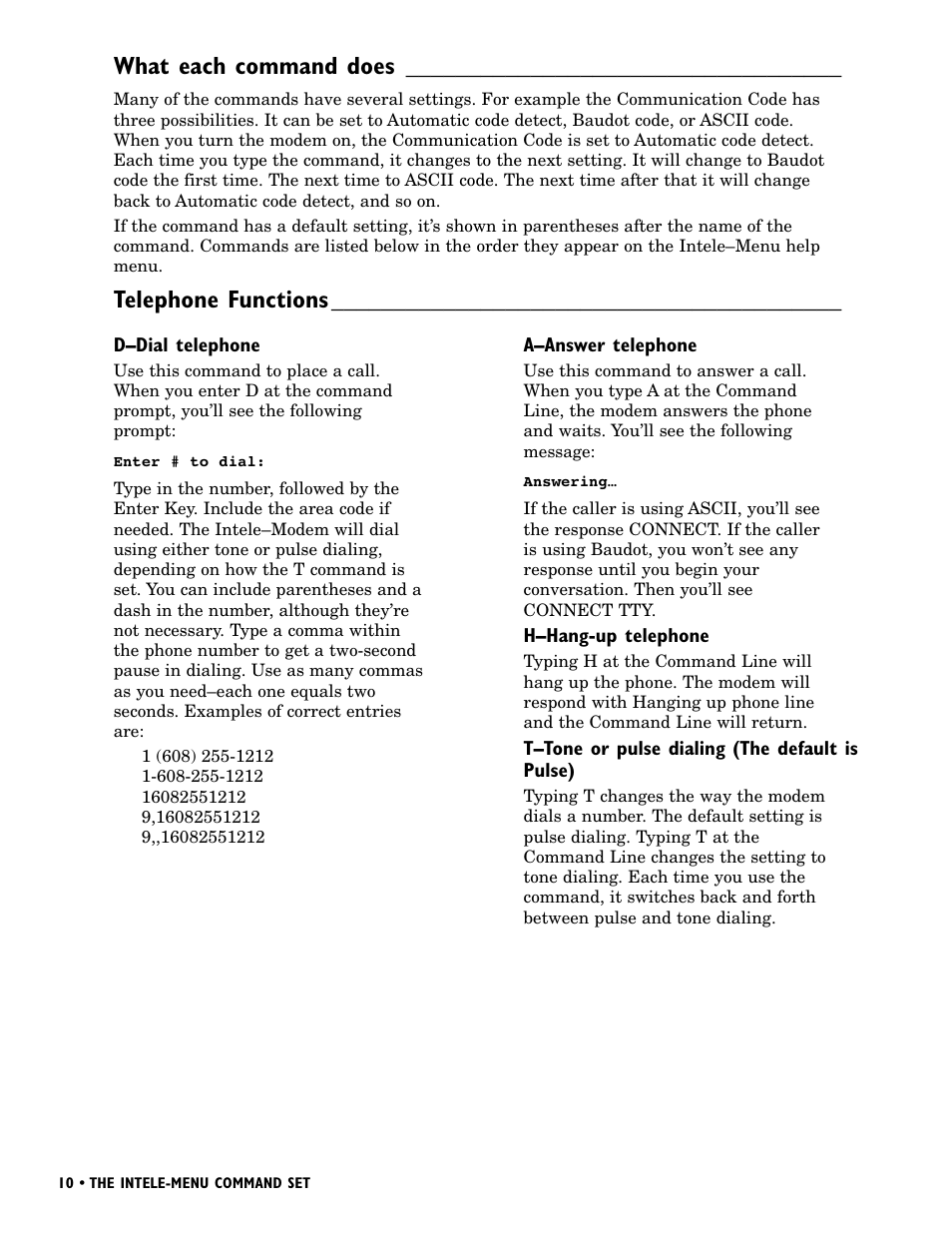 What each command does, Telephone functions | Ultratec INTELE-MODEM User Manual | Page 14 / 32