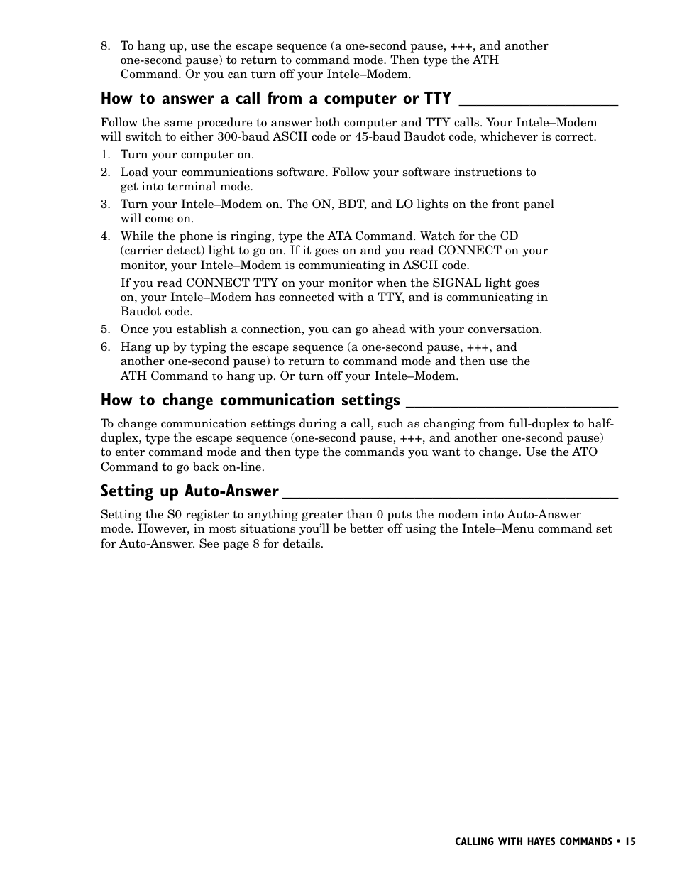 How to answer a call from a computer or tty, How to change communication settings, Setting up auto-answer | Ultratec INTELE-MODEM User Manual | Page 19 / 32