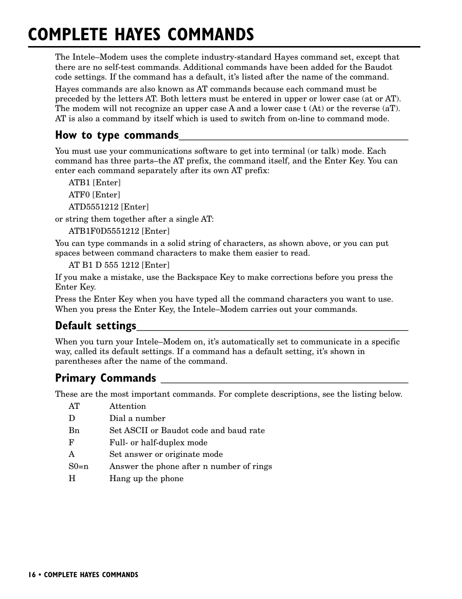 Complete hayes commands, How to type commands, Default settings | Primary commands | Ultratec INTELE-MODEM User Manual | Page 20 / 32
