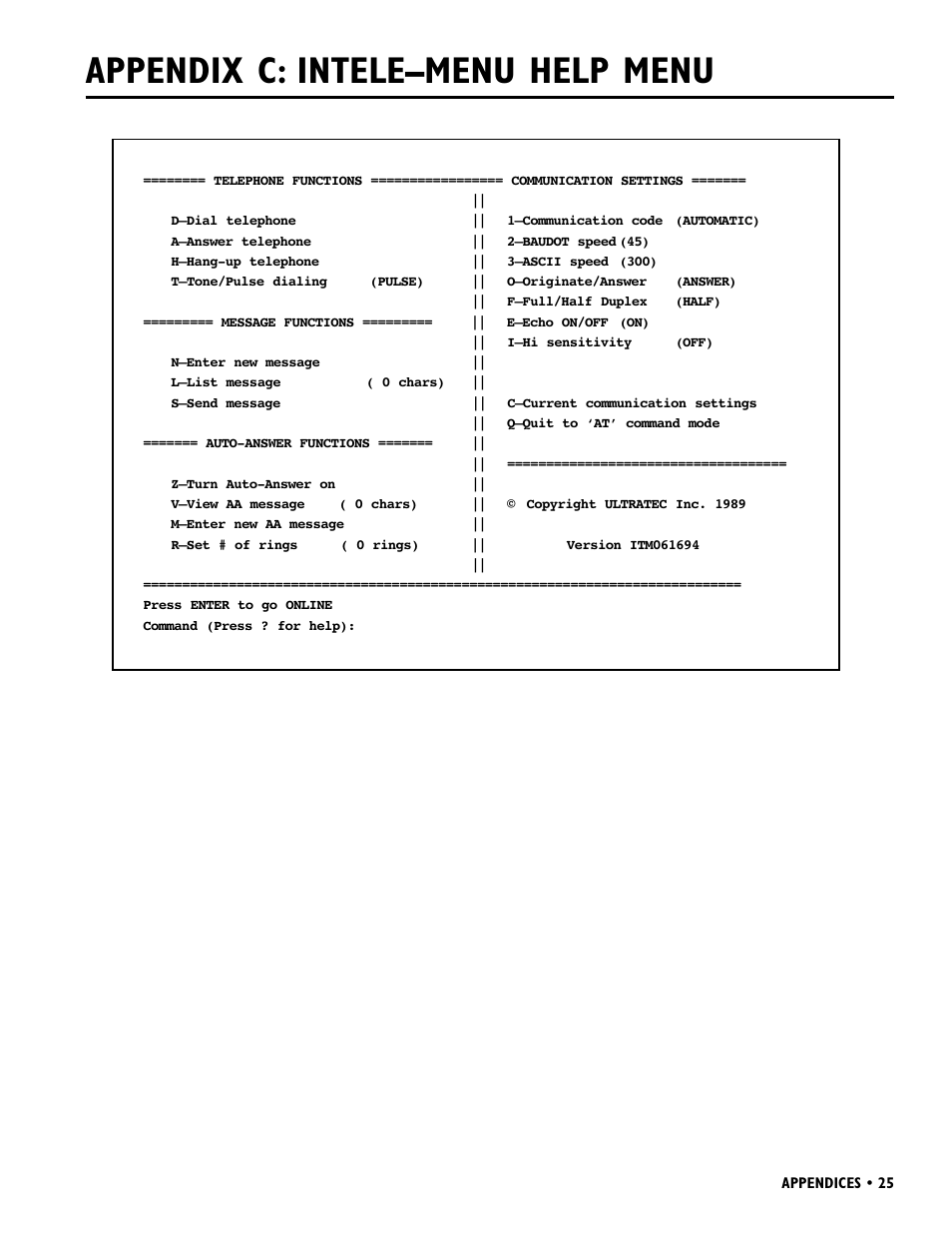 Appendix c: intele–menu help menu | Ultratec INTELE-MODEM User Manual | Page 29 / 32