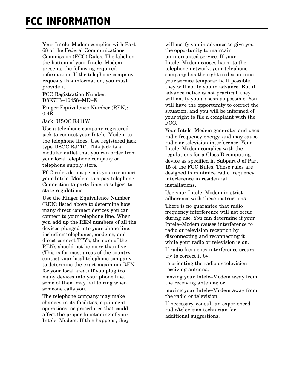 Fcc information | Ultratec INTELE-MODEM User Manual | Page 31 / 32