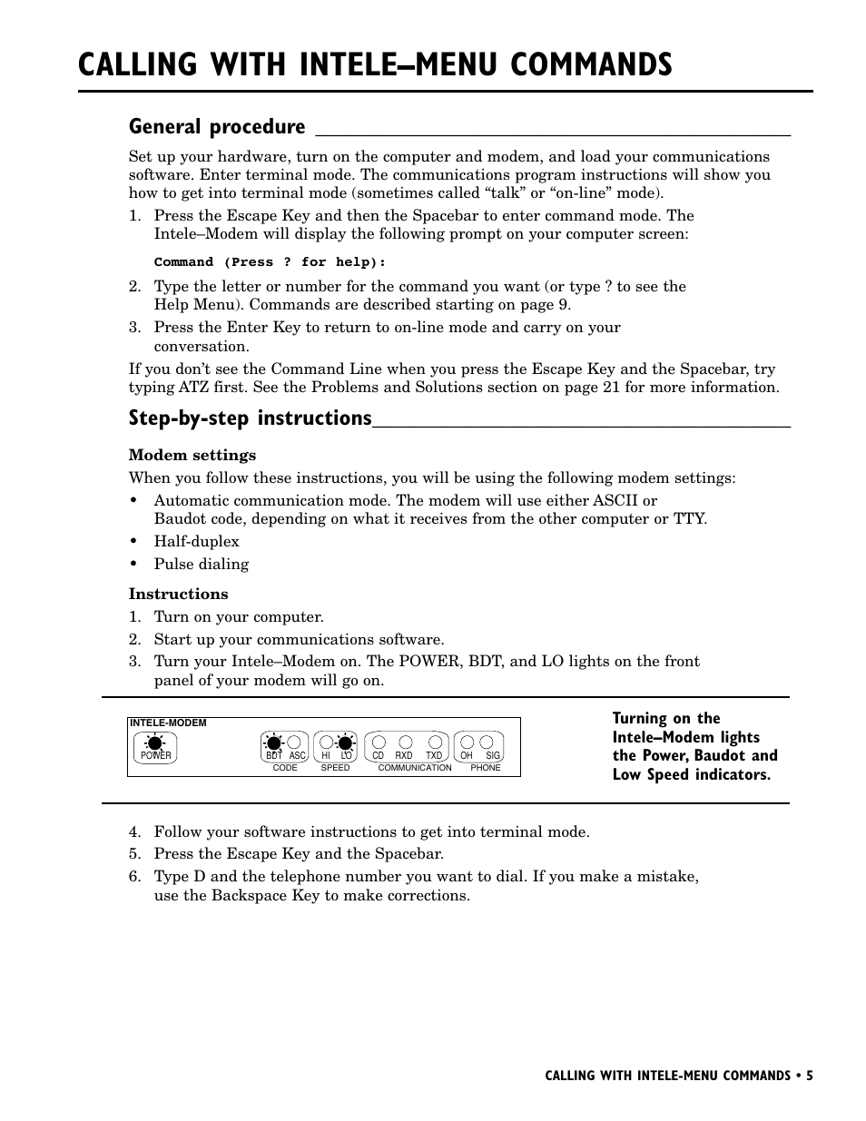 Calling with intele–menu commands, General procedure, Step-by-step instructions | Ultratec INTELE-MODEM User Manual | Page 9 / 32