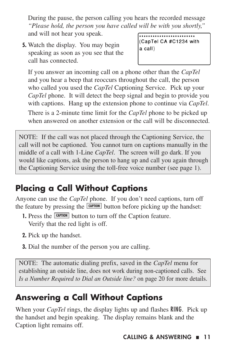 Placing a call without captions, Answering a call without captions | Ultratec 200 User Manual | Page 13 / 54