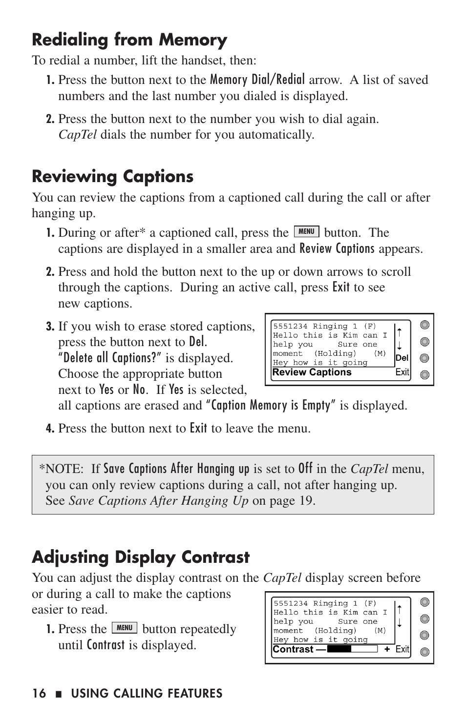 Reviewing captions, Adjusting display contrast | Ultratec 200 User Manual | Page 18 / 54