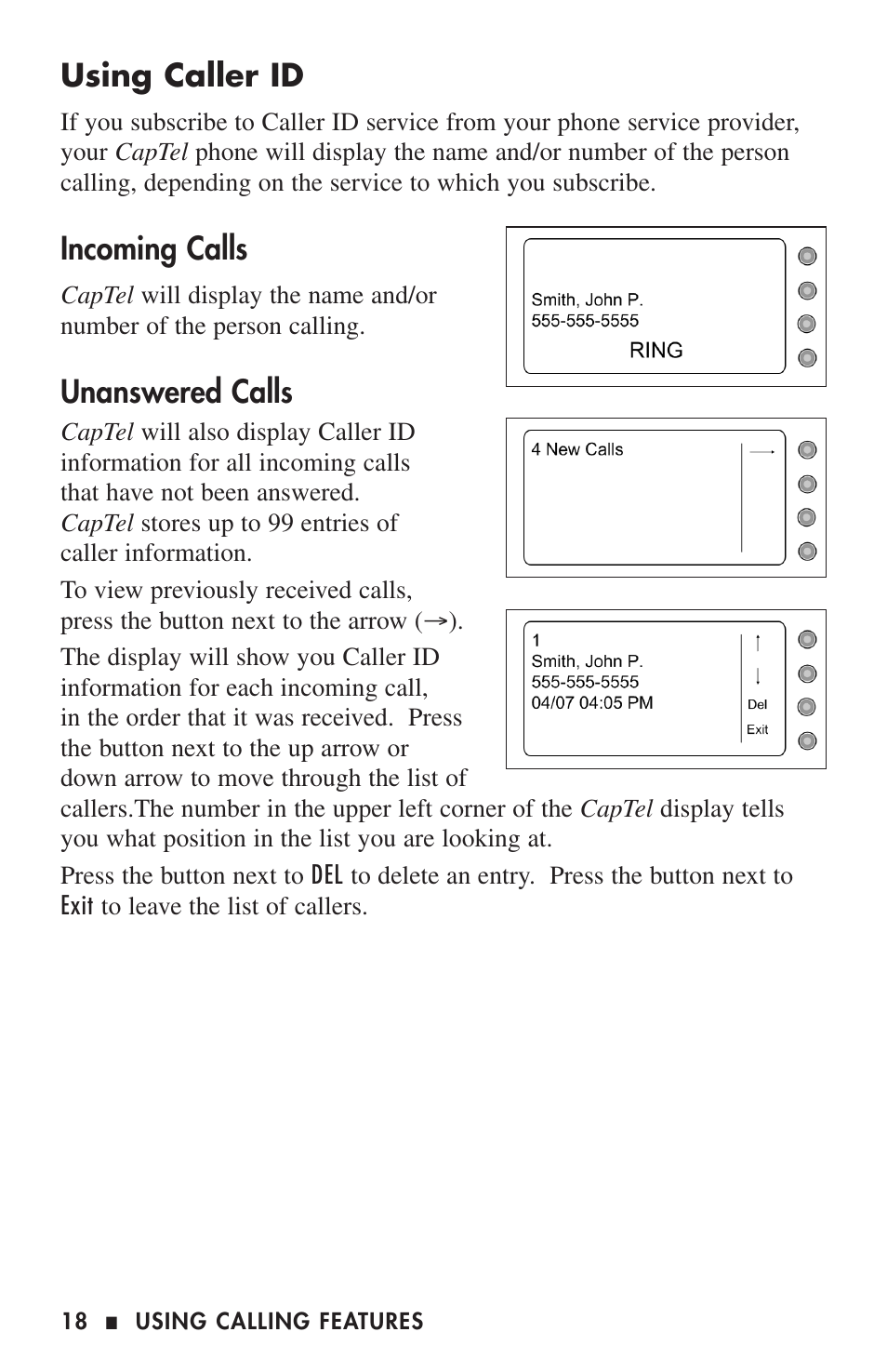 Using caller id, Incoming calls, Unanswered calls | Ultratec 200 User Manual | Page 20 / 54