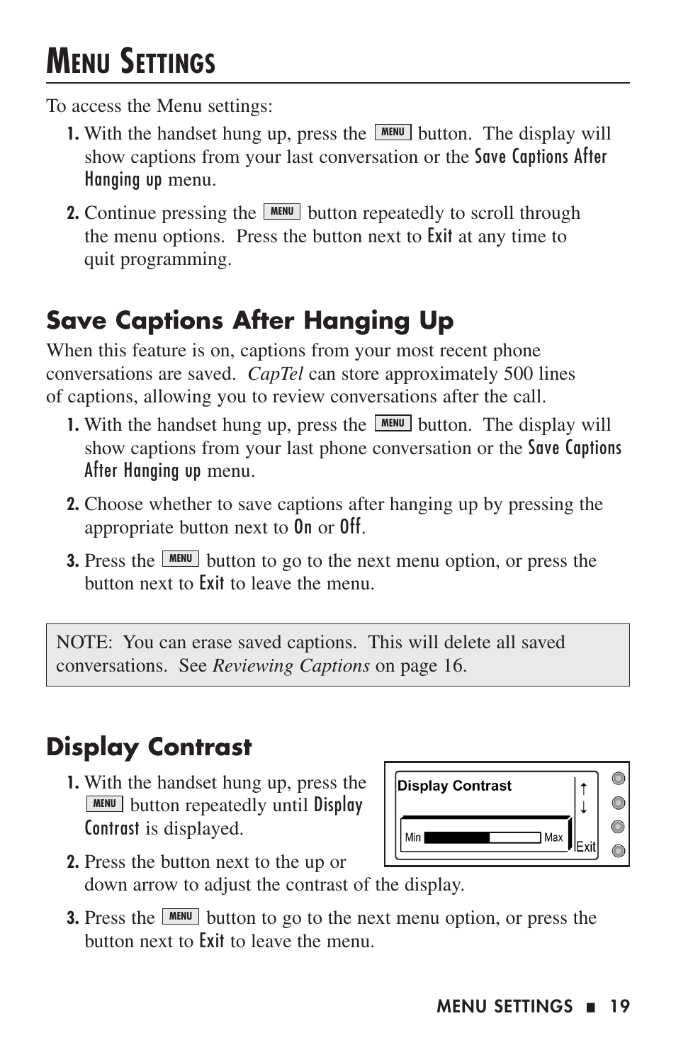 Ettings, Save captions after hanging up, Display contrast | Ultratec 200 User Manual | Page 21 / 54