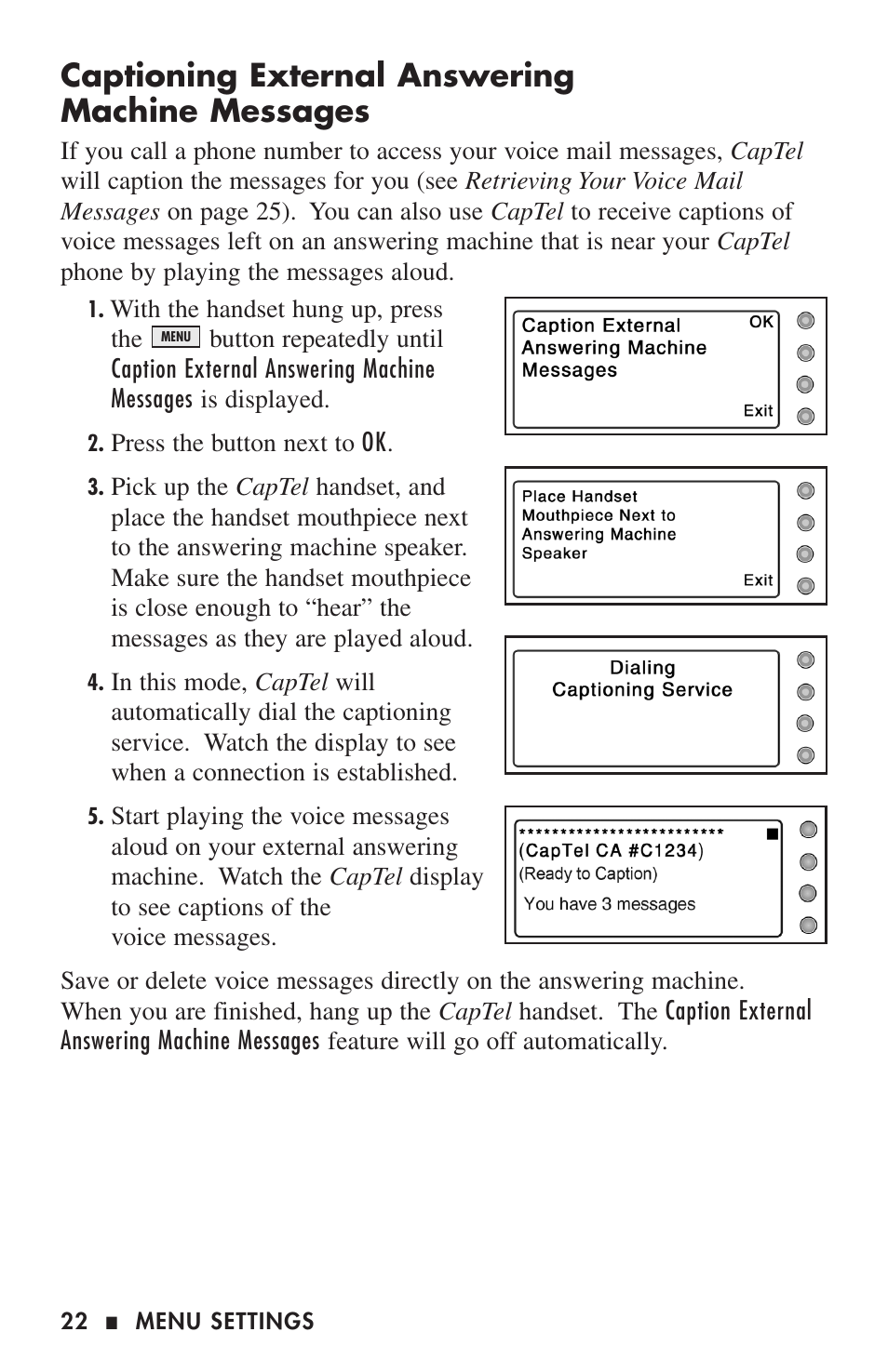 Captioning external answering machine messages | Ultratec 200 User Manual | Page 24 / 54