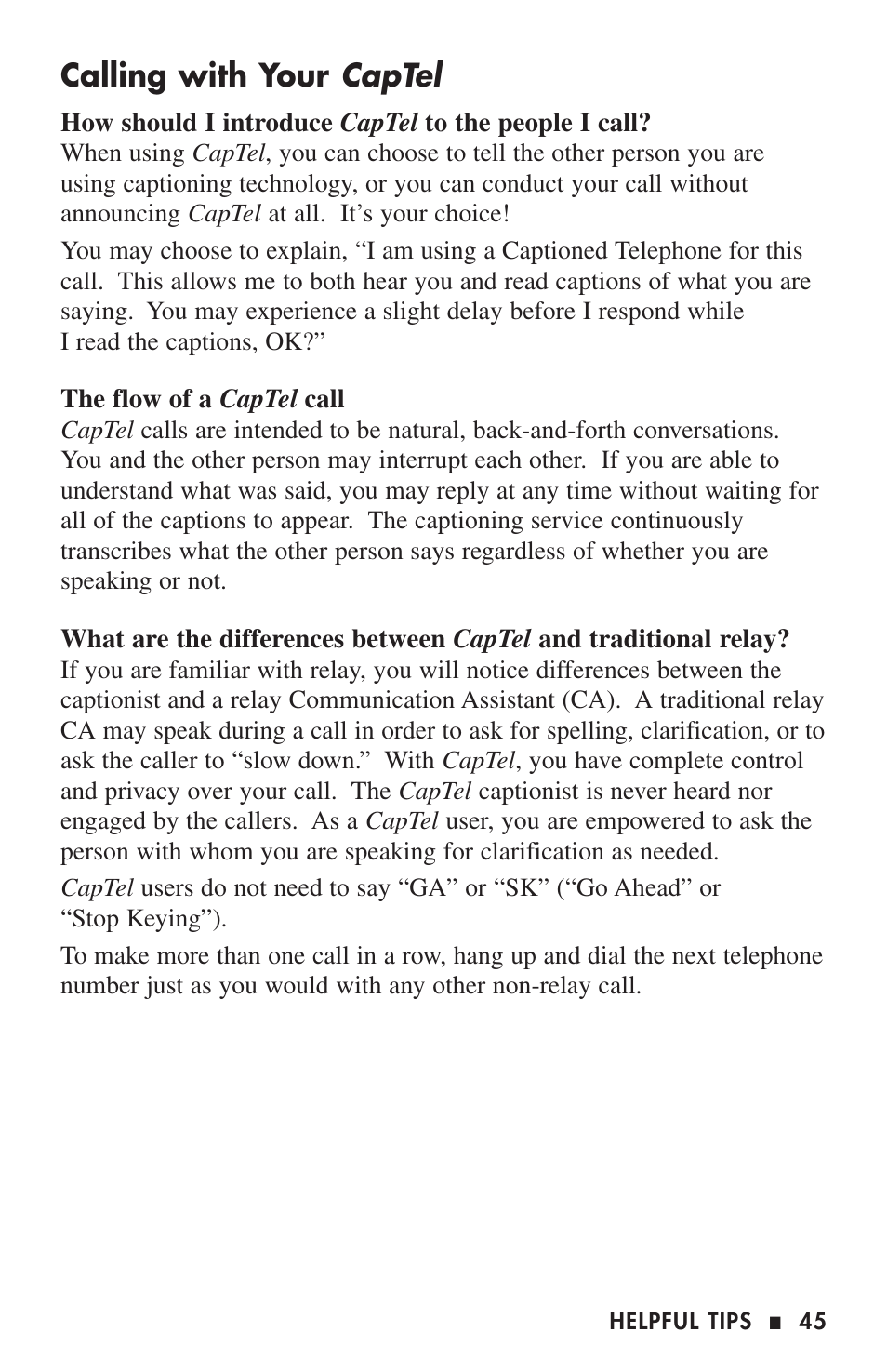 Captel, Calling with your | Ultratec 200 User Manual | Page 47 / 54