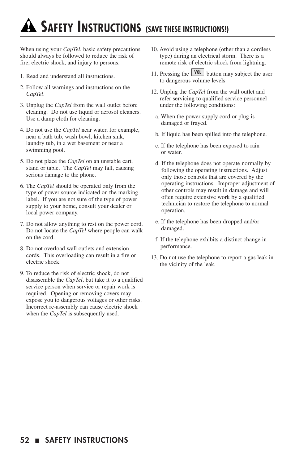 Afety, Nstructions | Ultratec 200 User Manual | Page 54 / 54