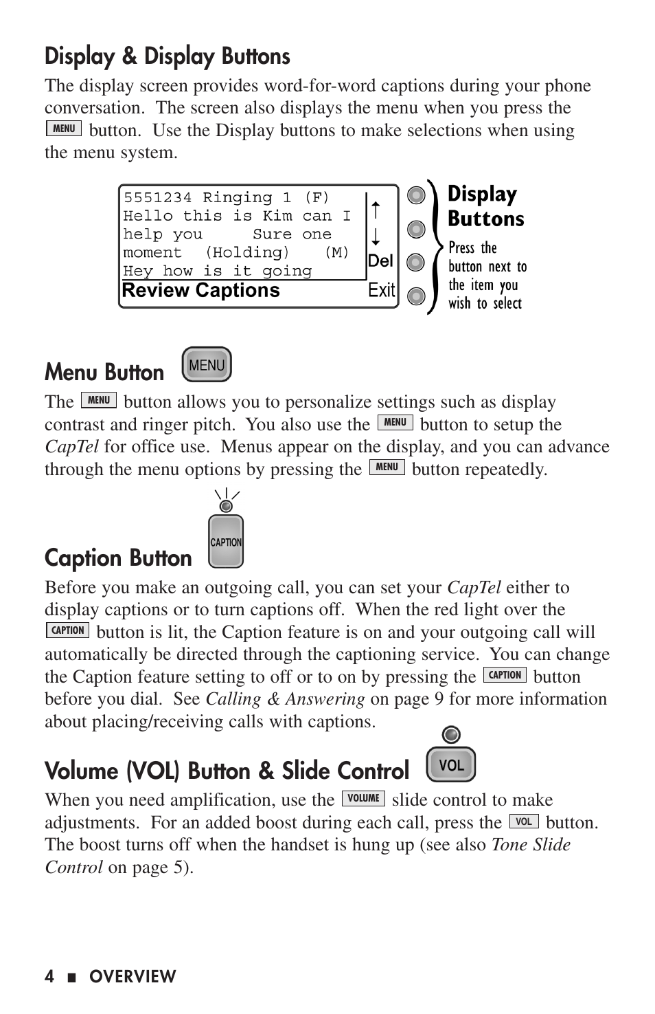 Display & display buttons, Menu button, Caption button | Volume (vol) button & slide control | Ultratec 200 User Manual | Page 6 / 54