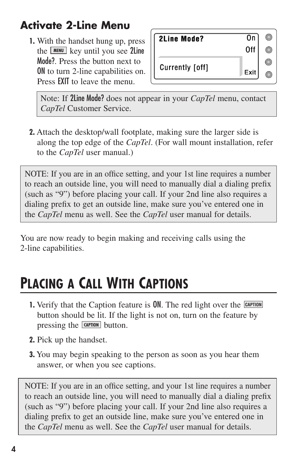 Lacing a, Aptions, Activate 2-line menu | Ultratec CapTel User Manual | Page 6 / 12